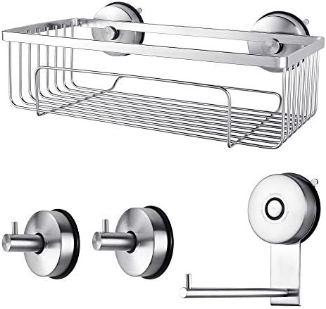 YOHOM 4pcs Suction Cup Bathroom Accessory Set with Shower Caddy Basket, 2 x Towel Shower Hooks, Toilet Tissue Paper Holder, Stainless Steel Brushed Finish