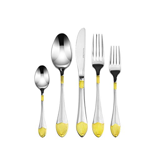 Venezia Collection 75-Pc Luxury Gold Flatware Set for 12 w/Wooden Storage Case, 24 kt Plated Premium Dining Cutlery Service, 18/10 Surgical Stainless Steel Silverware Hostess Serving Set in a Chest - Thumbnail 2
