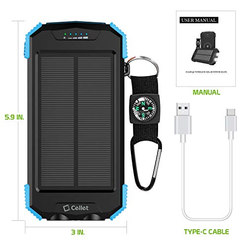 Cellet-Power-Bank-for-Samsung-Galaxy-S20-S20-Plus-S20-Ultra-Solar-Powered-Waterproof-Outdoor-Portable-Qi-Certified-10000mAh-Wireless-Charging-Battery-with-Flashlight-Compass-Hook-Blue