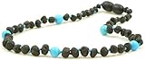Unpolished Amber Teething Necklace with Turquoise Beads - 12.6 Inches - Baltic Amber Land - Raw Cherry Certified Baltic Amber Beads - Knotted - Screw Clasp