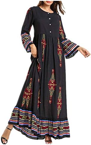 Vintage Casual Clothing Women Dress - Loose Plus Size Long Sleeve Embroidery Pattern Swing Robe