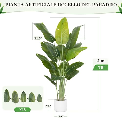 ZEEOZE Artificial Plant Bird of Paradise 200 cm High Fake Tropical Palm Tree for Indoor Outdoor with 15 Leaves Banana Tree Indoor Fake Tree with White Asus for Bed Garden Office Decoration