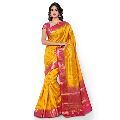 Varkala Silk Sarees Women's Tussar Silk Paithani Saree With Blouse Piece_(ND1010MDRN_Yellow & Pink)
