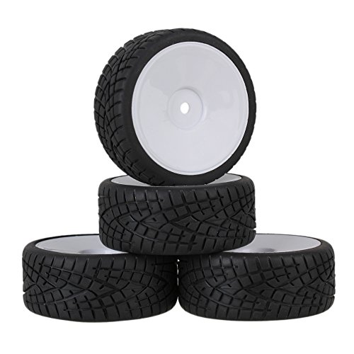 Mxfans White Plastic Smooth Flat Disc Wheel Rims + Black Fish Pattern Rubber Tires Tyres RC 1:10 On Road Racing Car Spare Parts Set of 4