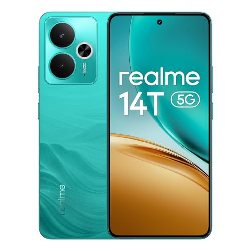 Smartphone realme 14T 5 g, 8 + 256 GB, batterij 5260 mAh, processor Dimensity 6300, IP69, display 120 Hz, 50 MP AI-camera, Surf Green, Amazon exclusief (geen adapter)