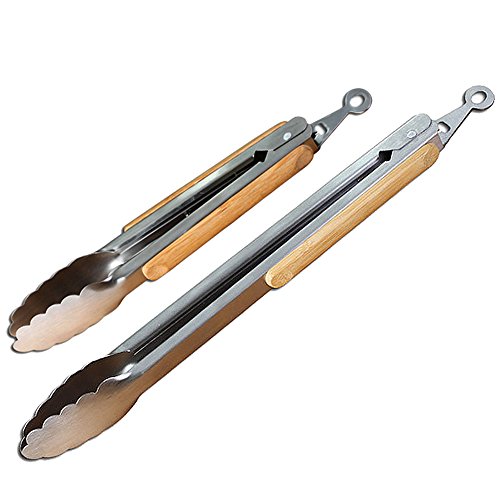 Grill Tongs Set 12-Inch And 9-Inch Kitchen Cooking Tongs BBQ Tongs Stainless Steel With Bamboo Made Anti-Burn Handle And Locking Head