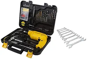 STANLEY 550W DIY 10mm Single Speed Hammer Drill Tool Kit (120-Pieces) & Matte Finish Double Open End Spanner Set 8-Piece Set Chrome & IN Small Angle Grinder 900W 100mm (Yellow & Black)
