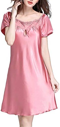 Meihuku ルームワンピース ネグリジェ Vネック レディース パジャマ シルク スリップ ランジェリー 半袖パジャマ 部屋着 寝間着ナイトウェア 寝巻き