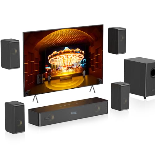 Wooden 5.1.2CH Soundbar for TV Devices, 4 Surround Speakers, 400 W Peak Power, Home Cinema Virtual Surround Sound System Sound Bar with 5.25 Inch Subwoofer, ARC/Optical/BT 5.3/AUX/USB, HiPulse N512