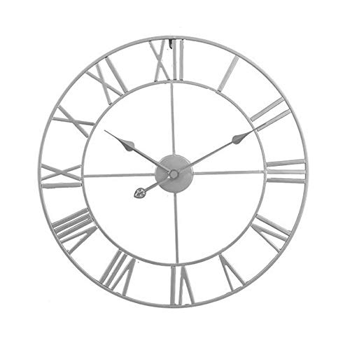 Grandes y modernos relojes de pared de metal, vintage, redondo, silencioso, sin tictac, funciona con pilas, reloj de números romanos plateados para sala de estar / dormitorio / cocina, decoración de pared-60cm
