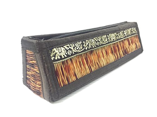 Thailand Handmade elegance dry under sun reed individual woven straw tight and Silk elephant trim portable holder bag pen, accessery ,cosmetics,Jewelry Size : 8" x 2" x 2.2" ( L x W xH) natural color