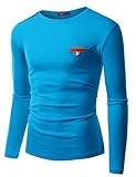 Doublju Mens Long Sleeve Crew Neck T-Shirt with Shoulder Button Point Leather Pocket