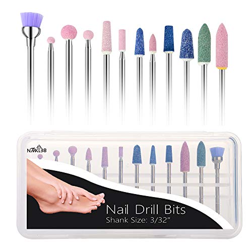 NMKL38 12PCS Stone Nail Drill Bits Rotary Cuticle Burr Bit Set Dust Drill Brush Electric Manicure Polishing Buffing File Dremel Accessories for Nail Salon Pedicure Tools