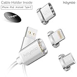 Keymao Magnetic Phone Charger Charging Cable Type-C Micro USB Lightning 3-in-1 Adapters With 1 Holder Pack for Android iPhone Devices Nylon Braided (Silver)