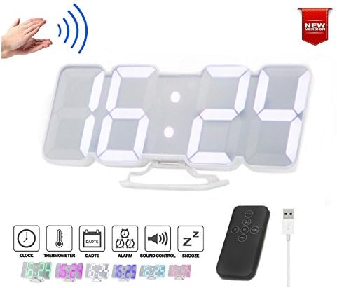 Digital LED Alarm Clock Desktop/Wall Clock w/ 3-Level Brightness &amp; 115 Color Changing LED Display. 2-Display Modes, 12/24 Hour Display, Date &amp; Temperature °C/°F, Voice Control &amp; Remote Control (White)