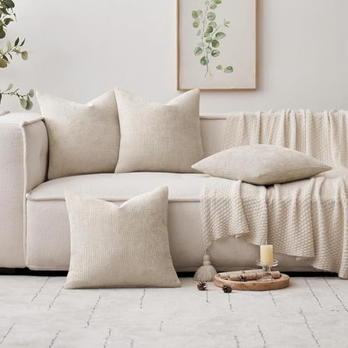 Chenille Throw Pillow Covers with Zipper, Soft Neutral Decorative Cushion Covers for Sofa, Couch, Bedroom, Living Room, Farmhouse Boho Modern Home Decor, Machine Washable（4 pcs）