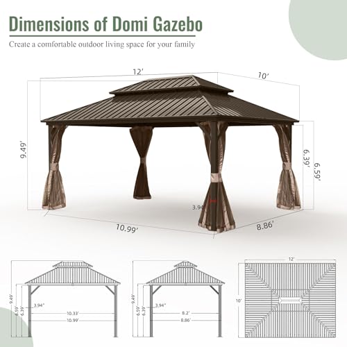 Domi 10x12 Hardtop Gazebo with Double Roof, Aluminum Frame, Brown Patio Pavilion image 21
