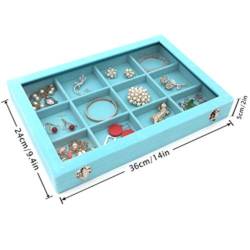 KLOUD City Jewelry Tray Box Showcase Display Storage Rings Earrings Necklaces Bracelet Broochs Organizer Removable Stackable Velvet Clear Lid with Lock (Light Blue 12 Grid)