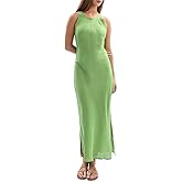 Amazhiyu Women's 100% Linen Summer Sleevelesss Splits Bodycon Maxi Dresses Casual