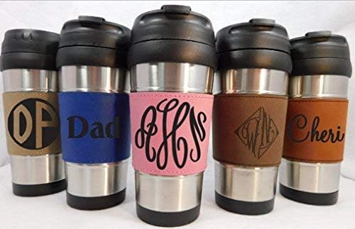 Custom Personalize Stainless Travel Mug with Engraved Leather Grip (Blue Grip)