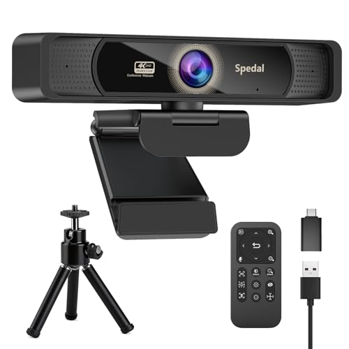 Spedal 4K Webcam - Ultra HD 8MP with 4x Digital Zoom, 120° Wide Angle, Noise Reduction Microphones, Remote Control & Tripod, Plug & Play (USB-A/C) for Zoom, Skype, Teams and Streaming