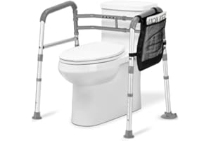 BQKOZFIN Toilet Safety Rails, Adjustable Width & Height Toilet Safety Frame, Stand Alone Toilet Handles Grab Bars with Padded