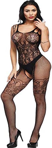 Green Ink Women Lingerie Fishnet Floral Lace Crotchless Bodystockings Bodysuits