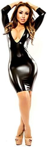 Nuoke Plus Size 2017 Women Sexy Leather Latex Mini Dress Deep V Wetlook Slim Hip Pole Dance Clothes Catsuit (XL, Black)