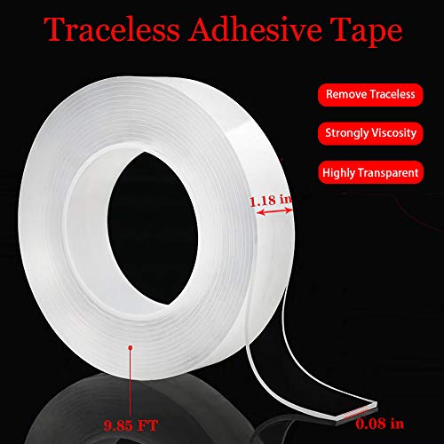 9.85 FT Double Sided Adhesive Tape Transparent Traceless Gel Mat Nano Tape Washable Removable and Recycled Sticky Anti-Slip Gel Tape for Paste Photos Posters, Fix Carpet Mats or Home Office Wall Decor