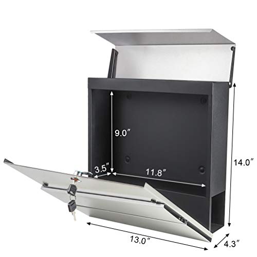 Stainless Steel Mailboxes with Key Lock, Wall Mounted Large Capacity