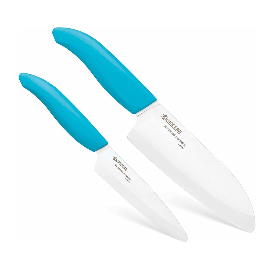 Photo 1 of **TIP TO THE BIGGER KNIFE IS BROKEN** KYOCERA Revolution 2-Piece Ceramic Knife Set: Chef Knife For Your Cooking Needs, 5.5" Santoku and 4.5" Utility Knife, White Blades with Blue Handles, White/Blue