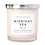 Midnight Sea Natural Soy Wax Candle White Jar Silver Lid Scented Summer Salt Citrus Musk Amber Spa Made in USA Lead and Gluten Free Cotton Wicks Modern Farmhouse Home Decor Bathroom Gift For Her