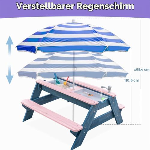 Kids 3-in-1 Sand- und Wasser-Aktivitätstisch, Holz, Outdoor, wandelbarer Picknicktisch mit Regenschirm, 2 Spielboxen, abnehmbare Oberseite, Wasserhahn-Tisch für den Außenbereich (Pink/Navy)