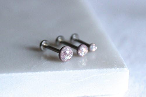 18g or 16g: Opalescent Dusty Lavender Internally Threaded Triple Labret Set: 1.5mm, 2mm, 2.5mm, 3mm, 4mm, 5mm Gem Sizes; 5/32" (4mm), 1/4" (6mm), 5/16" (8mm), 3/8" (10mm), 15/32" (12mm) Lengths