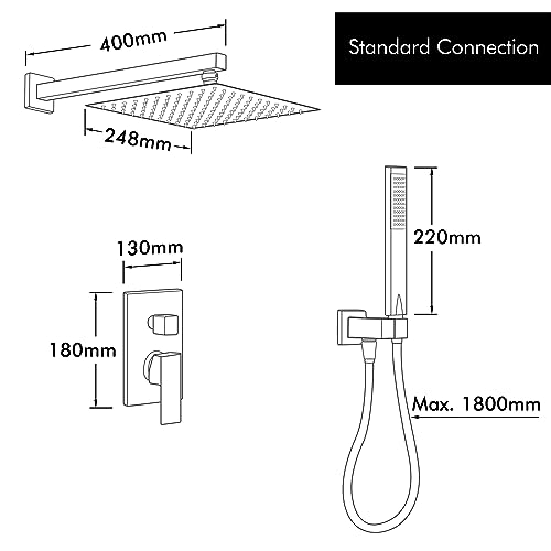 KES X6230-BK 3 Way Shower Set Square Shower Head 25 cm with Raw Valve and Finishes Shower Kit Rain Bathroom Matt Black