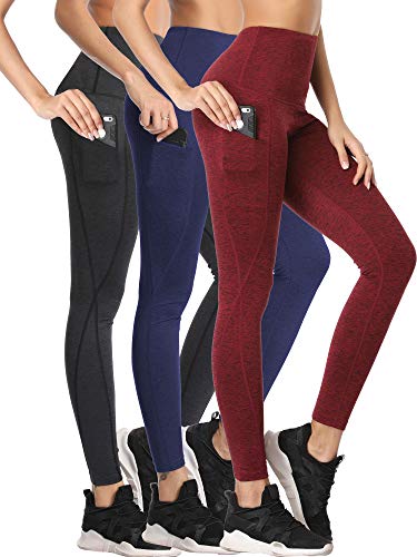 Neleus Women’s 3 Pack Yoga Pants Tummy Control High Waist Workout Leggings,Dark Grey/Navy/Burgundy Red,L