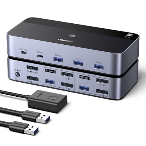 UGREEN Displayport KVM Switch 2 PC 2 Monitors 8K60Hz KVM Switch with 4 USB 3.0 Ports Keyboard and Desktop Controller Switching Compatible with Windows/Linux/MacOS etc.