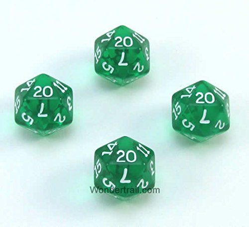 WKP02847E4 Green Transparent Dice with White Numbers D20 16mm (5/8in) Pack of 4 Dice Koplow Games