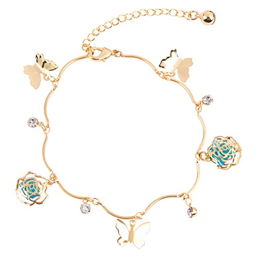 24K Gold Rhinestone Butterfly & Rose Charm Fashion Women's Chain Bracelet and Anklet