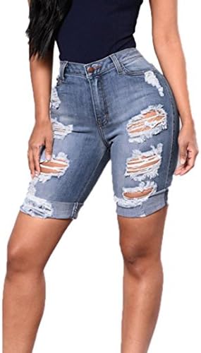 Denim Shorts,Ba Zha 🌴 Women Destroyed Ripped Distressed Skinny Denim Holes Broken Knee Length Jeans Shorts Hot Beach Pants Women Button Fly Shorts Skinny Jeans Ladies Skinny Solid Pant