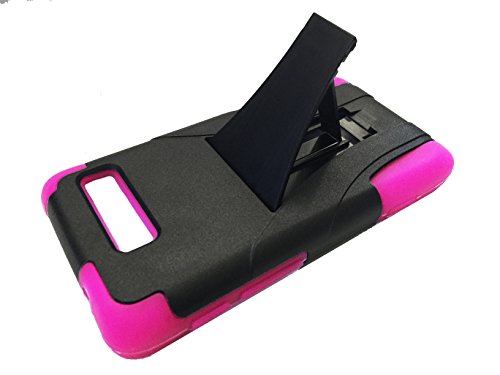 For Motorola Droid Razr M/I XT907 Luge Kickstand Dual Hybrid Hard Phone Cover Case + Happy Face Phone Dust Plug (T-Stand Black-Pink) - Thumbnail 2