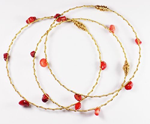 Restrung Jewelry Red Coral Bangles Hand Crafted Gold Recycled Guitar String and Gemstone Bracelets Set of 3