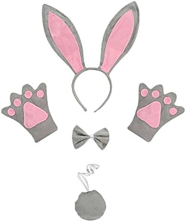 Festivous Wishel Rabbit Bunny Ears Headband Tail Bow Tie Paws Set Christmas Holloween Cosplay Costume Accessory (Grey)