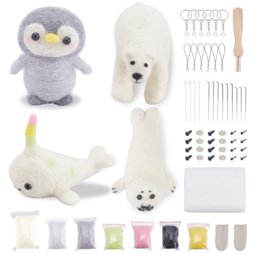 FREEBLOSS 4 Set Needle Felting Kit Polar Animals Needle Felting Keychain Kit, Needle Felting Craft Project with Instructions Felting Kits for Beginners Felting Penguins, Felting Polar Bear