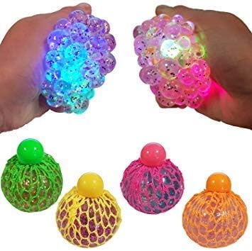 SLYTEK (Set of 2) LED Light Up Squishy Mesh/Bulb Spongy Rainbow Balls with Gel Water Beads, Stress Relief, Room Decoration, Party Supply, Hand Exercise Toy for Kids Adults