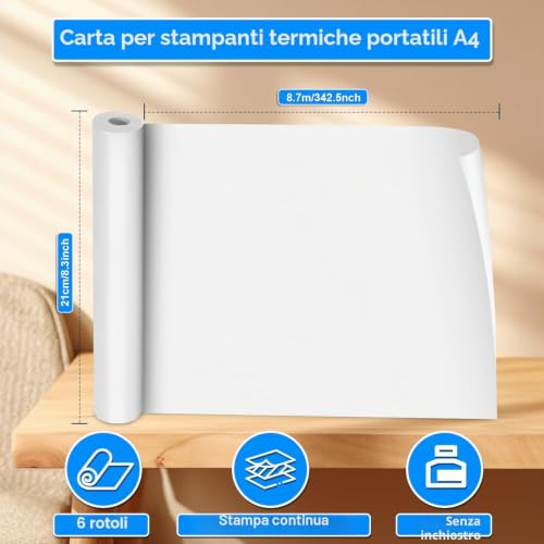 (6 Rolls) A4 Thermal Printer Paper, Foldable Thermal Paper, Compatible with Most Thermal Printers, BPA-Free, Suitable for Documents, Websites and Photos