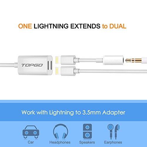 iPhone 7 Splitter & Lightning Splitter iPhone 7 Adapter Dual Lightning Adapter Headphone Jack Audio and Charge Cable Adapter for iPhone 7 / 7 Plus (Support iOS 10.3 and later)TOPGO - White