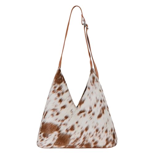 Genuine Cowhide Leather Hobo Shoulder Bag for Women Hair-On Hide Handbag with Adjustable Strap Natural Brown & White Cow Print Premium Leather Purse