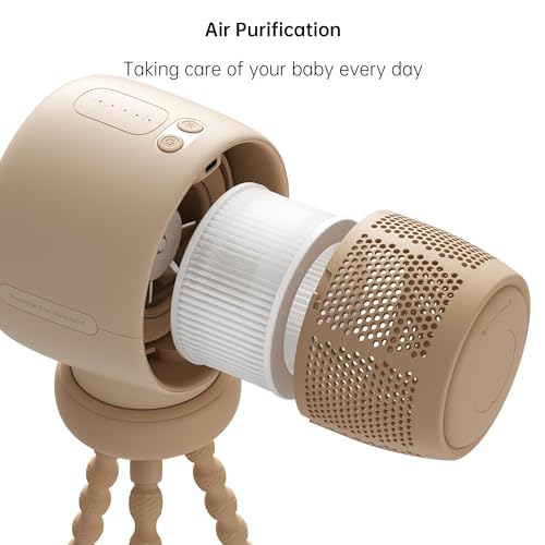 TERRIFI Portable Baby Stroller Fan, Small Battery Operated Car Seat Fan with 5 Speeds, Air Purify and Enhance Tech, Bladeless Fan, Food-Grade Gifts Fan for Outdoor, Treadmill, Golf, Brown