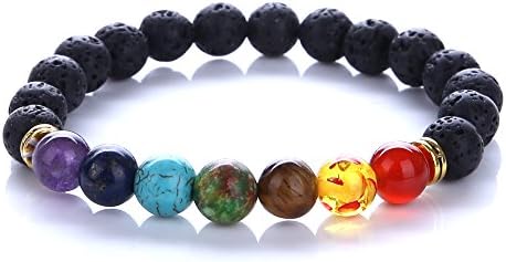 VIKI98 Men Women 8mm 7 Chakra Gemstone Beads Reiki Healing Balancing Yoga Prayer Bracelet (only lava)